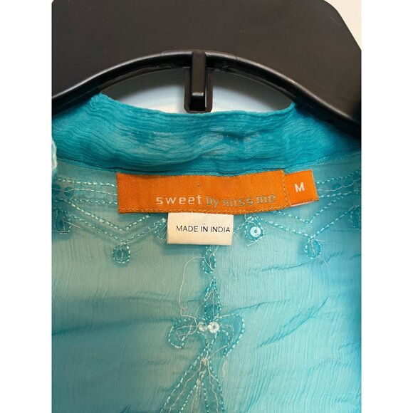 Sweet By Miss Me Womens Top Size S Embroidered Sequin Detail 100% Silk Turquoise - Picture 4 of 5